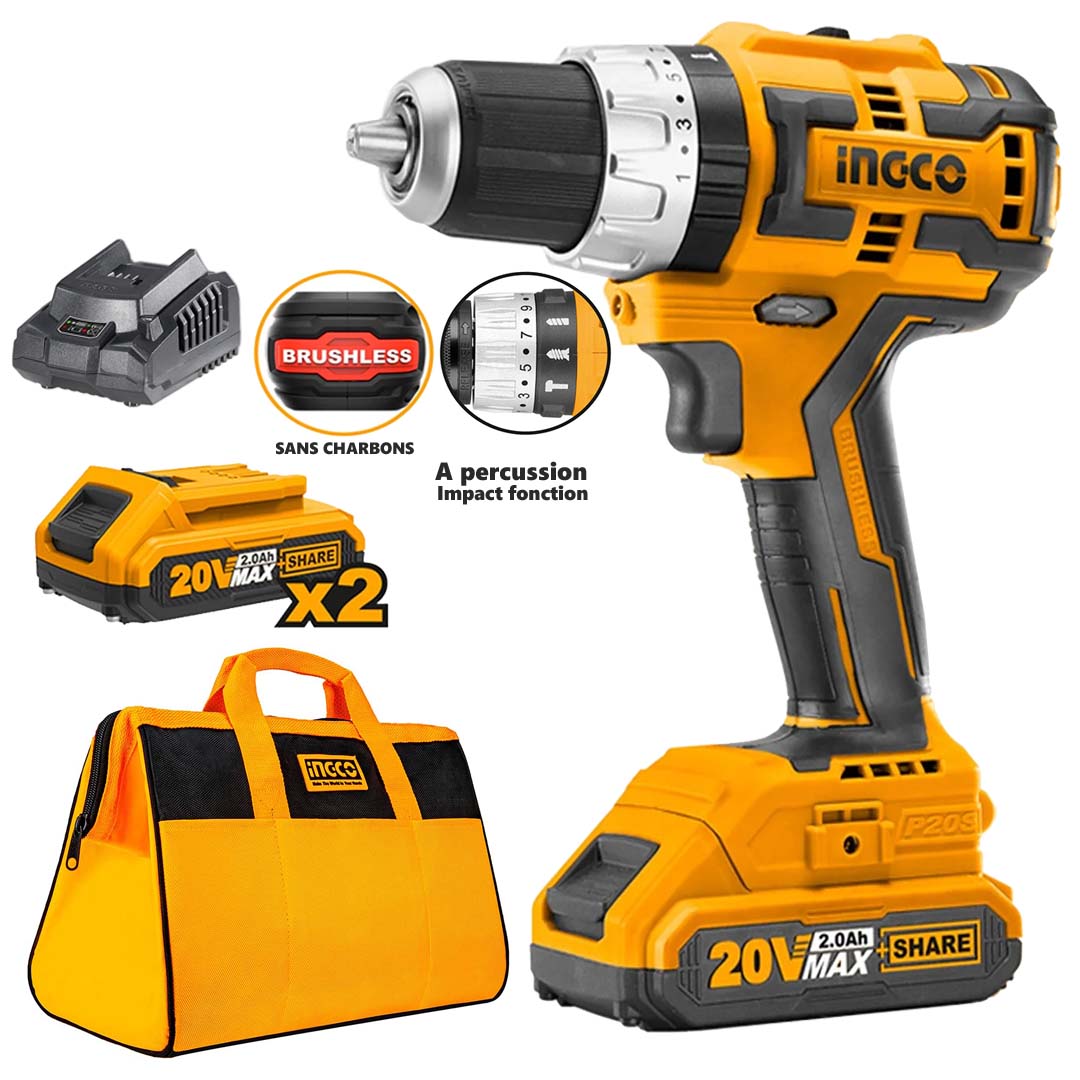 Visseuse perceuse 20v 2a sans charbon ingco